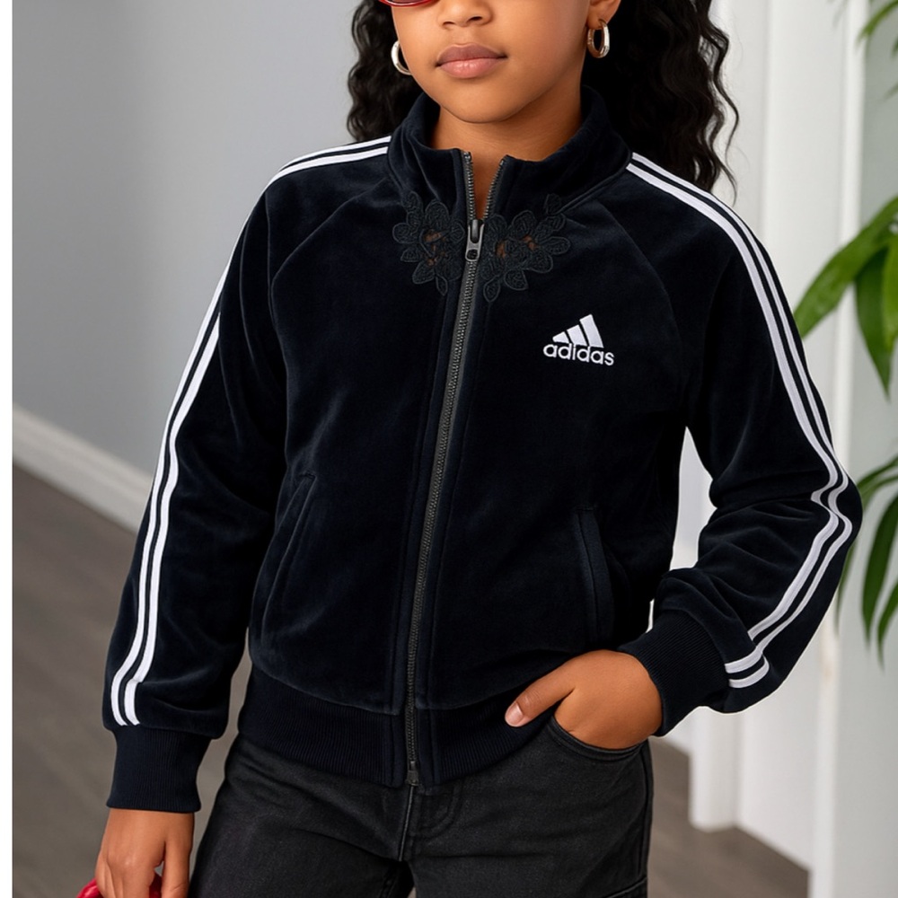 Adidas Girls' Black Iconic Tricot Jogger Full-Zip Jacket Iridescence Stripes Sz